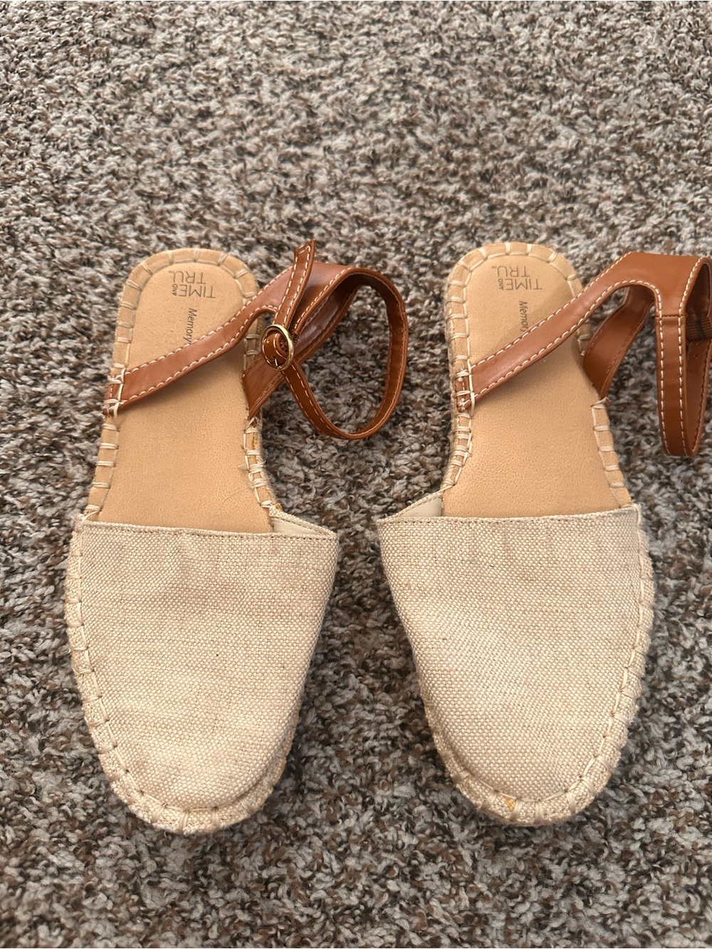 Time and Tru Beige Canvas Espadrille Sandals with Brown Ankle Strap